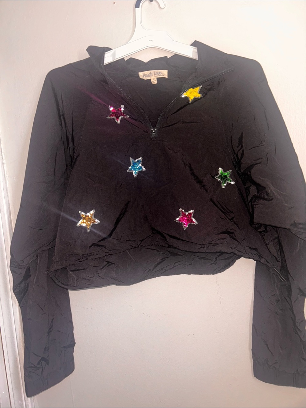 Peach Love California Black Cropped Pullover Jacket with Multicolor Sequin Stars